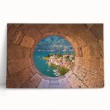 Black and white photo of Lake Como on stretched canvas, suitable for kitchen art.