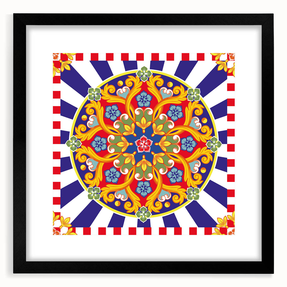 Colorful abstract art print of a Sicilian landscape in vibrant hues on a large framed canvas, ideal for living room decor.