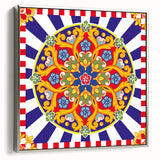 Landscape art painting of a Sicilian scenery in vibrant colors on a framed canvas, ideal for a living room or hallway.