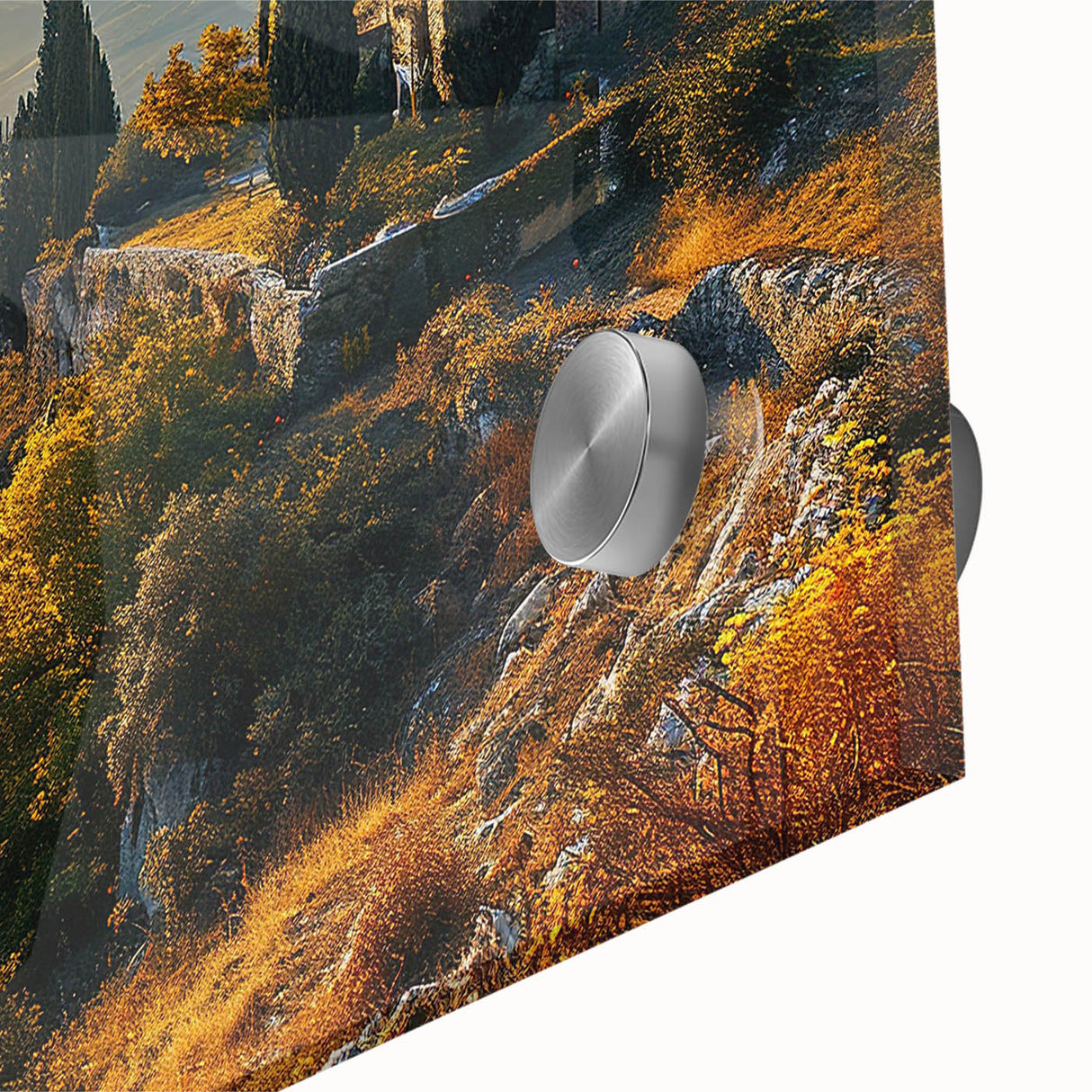 Mid-century modernist acrylic print of Tuscan landscape in muted earth tones, ideal for dining room art.