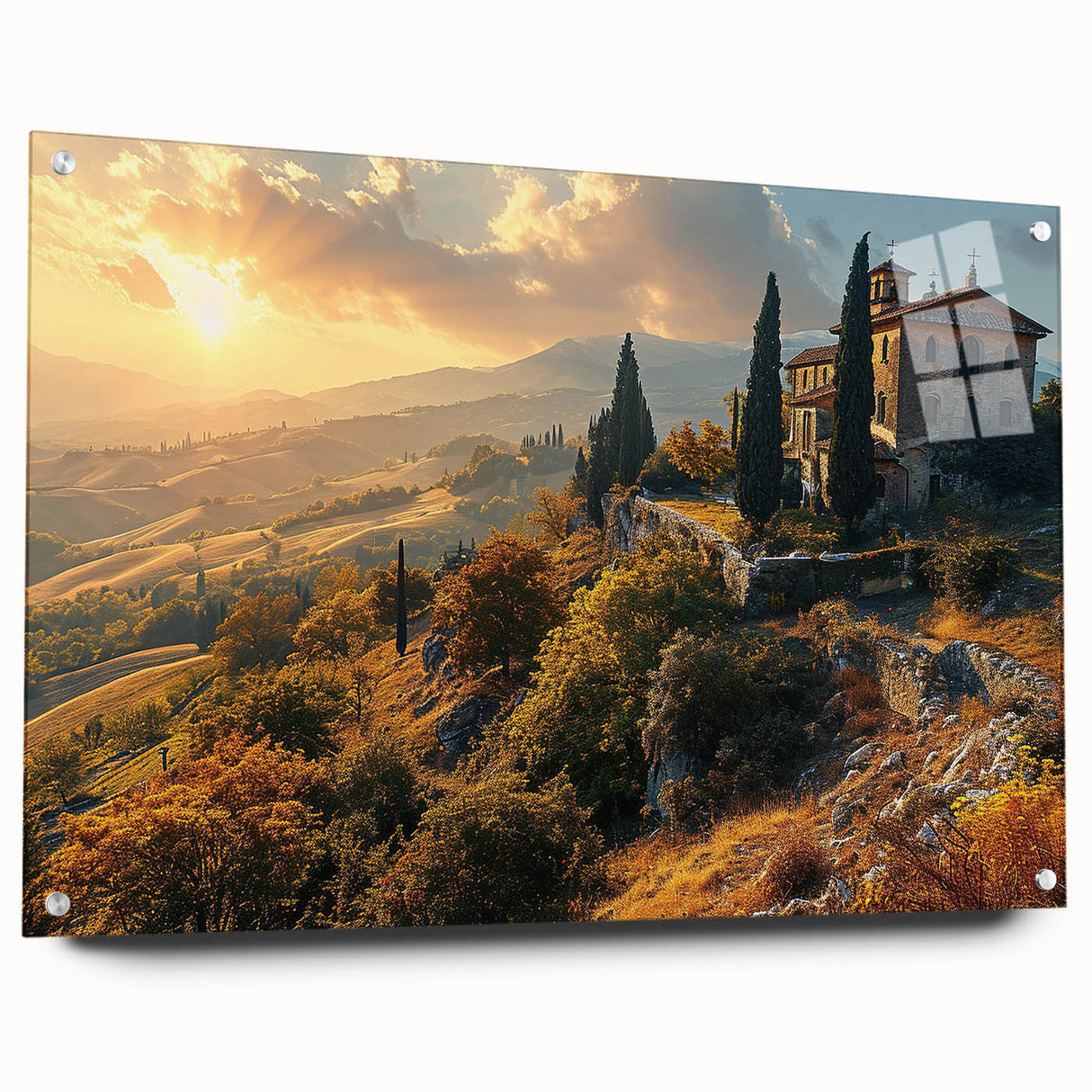Large abstract wall art depicting the rolling hills of Tuscany, Italy in muted earth tones on acrylic glass.