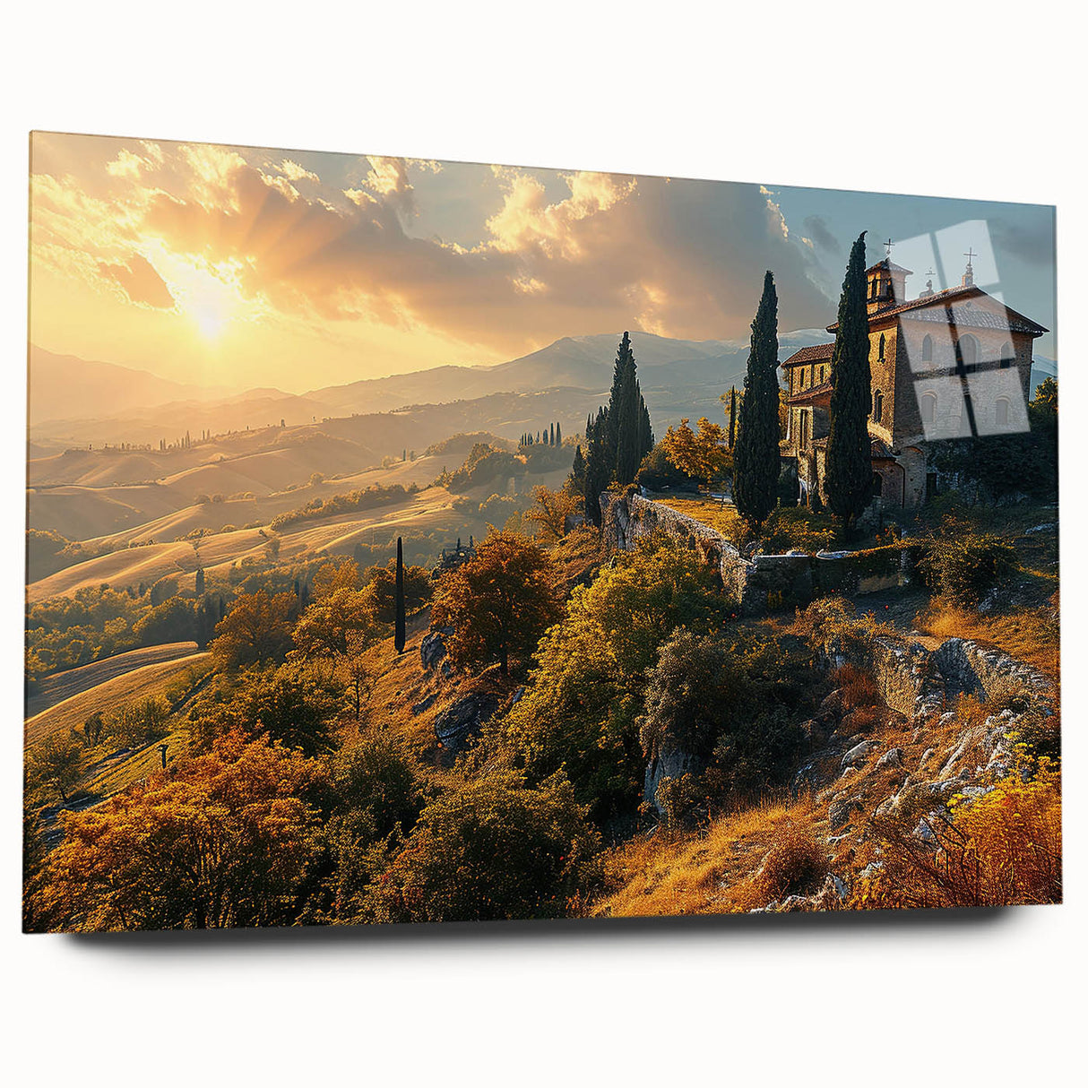 Acrylic print of a Tuscan landscape, featuring rolling hills and vibrant green tones, ideal for bedroom or dining room art.