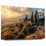 Acrylic print of a Tuscan landscape, featuring rolling hills and vibrant green tones, ideal for bedroom or dining room art.