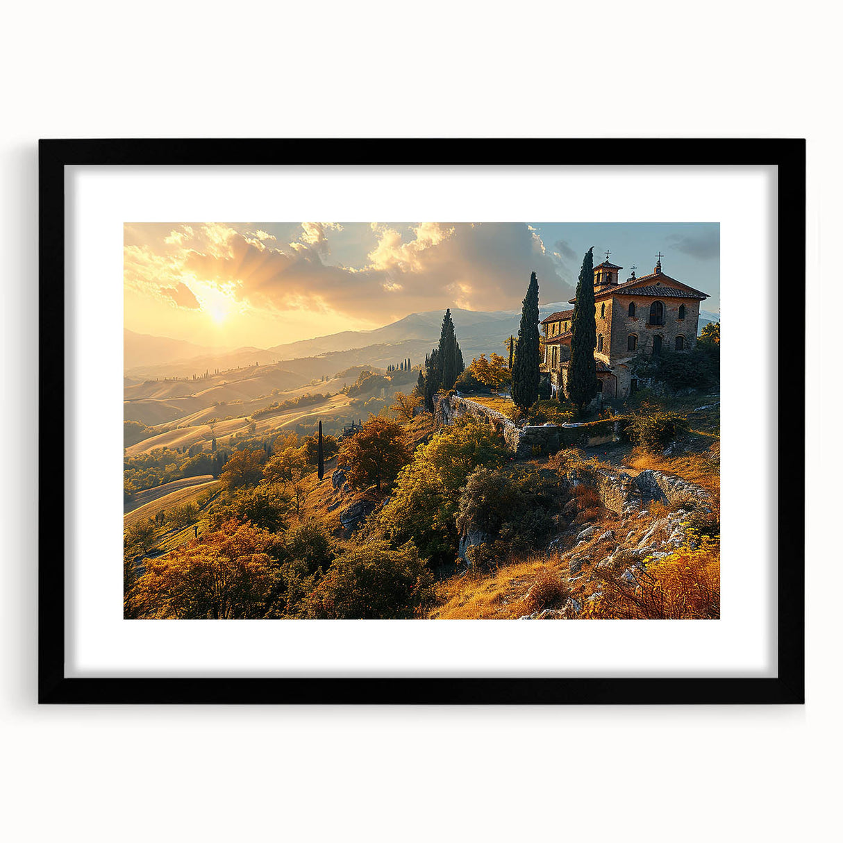 Extra large abstract art print of a colorful Tuscan landscape, textured on a black framed canvas.