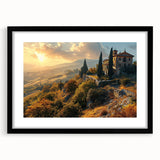 Extra large abstract art print of a colorful Tuscan landscape, textured on a black framed canvas.