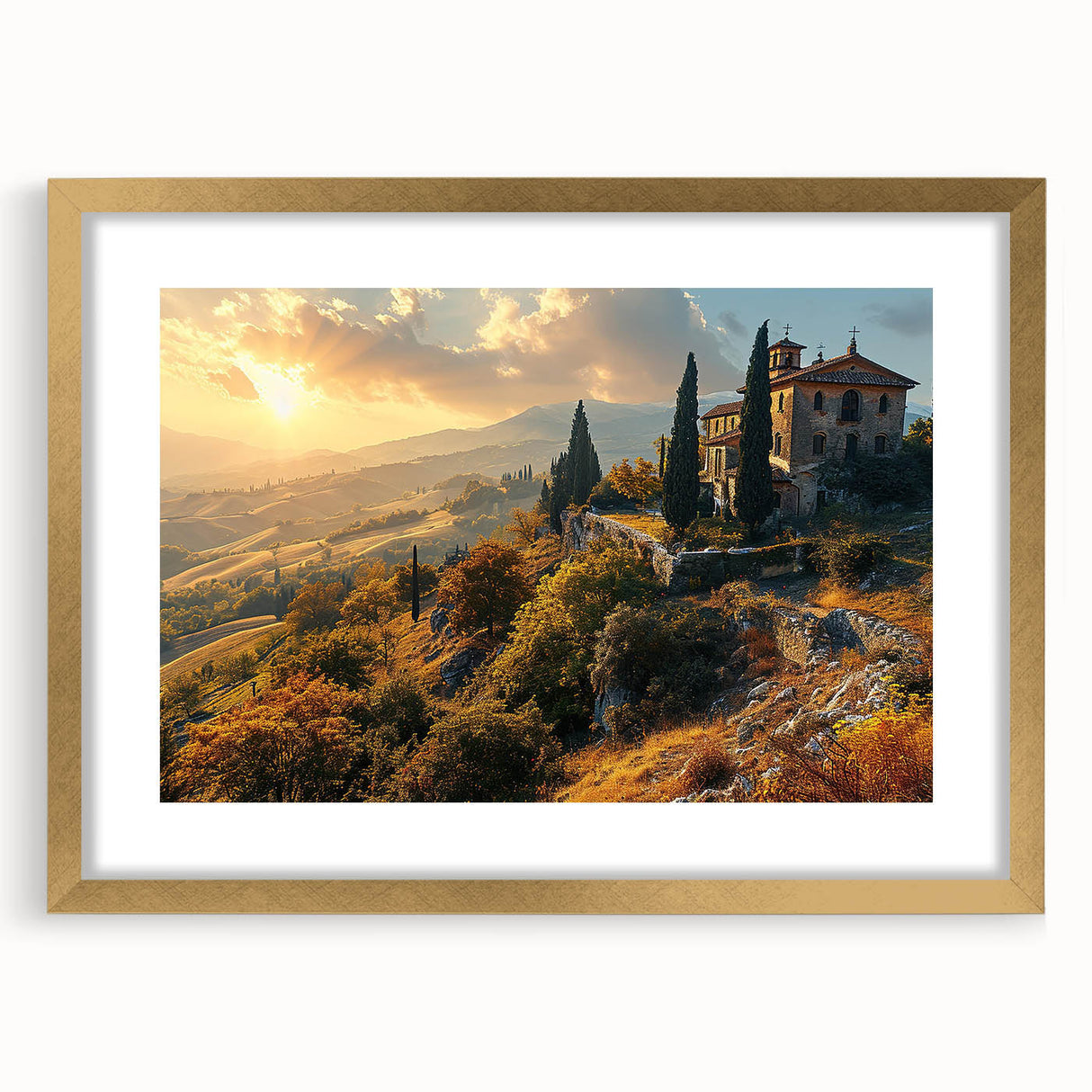 Abstract art print of Tuscany landscape in muted earth tones, framed in gold, ideal for dining room decor.