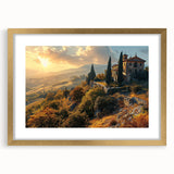 Abstract art print of Tuscany landscape in muted earth tones, framed in gold, ideal for dining room decor.