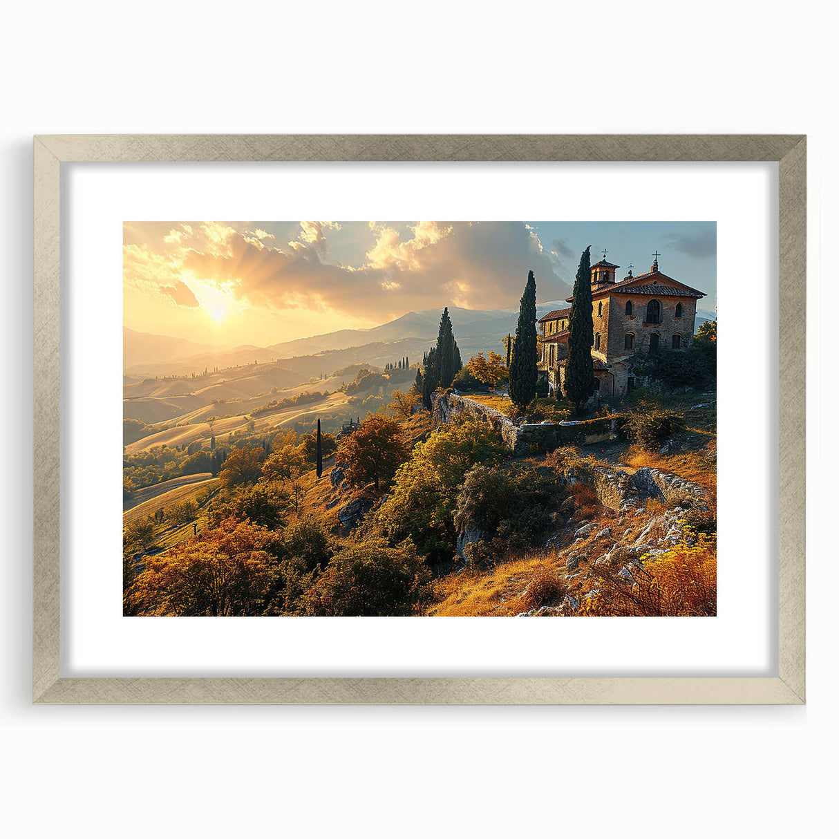 Extra large abstract art print of Tuscany scenery in muted earth tones, framed with silver mat, ideal for living room decor.