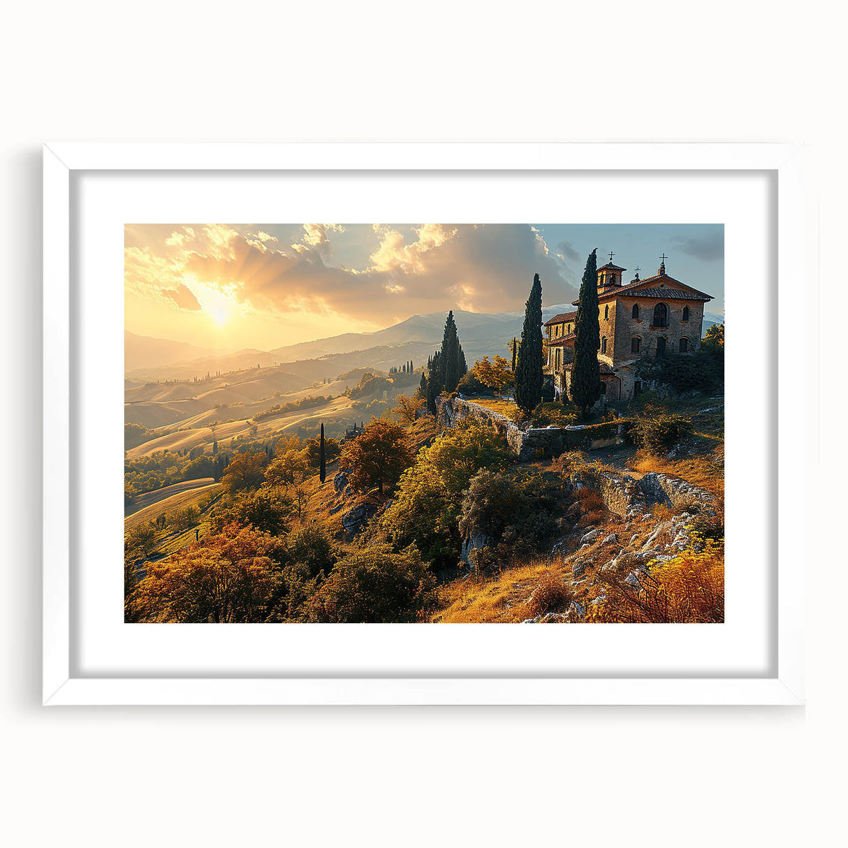 Textured art depicting abstract Tuscan landscape in muted earth tones on a framed white mat, ideal for bedroom art.