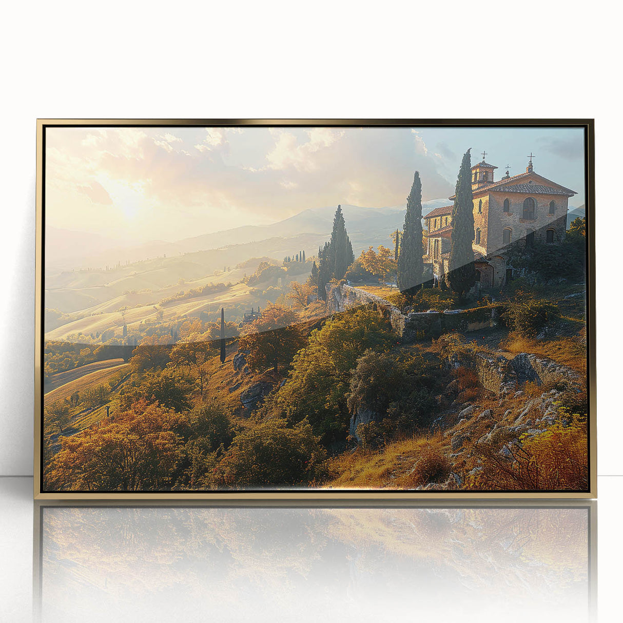 Framed acrylic painting of a Tuscan landscape in warm earth tones, ideal for nursery or modern art wall decor.