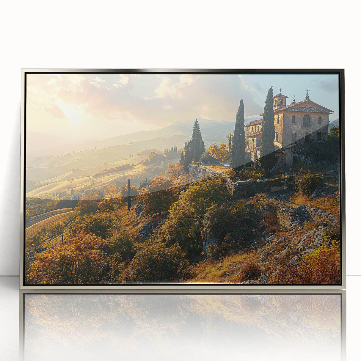 Large art print of a Tuscan landscape in muted earth tones on a framed acrylic, suitable for modern art wall decor.