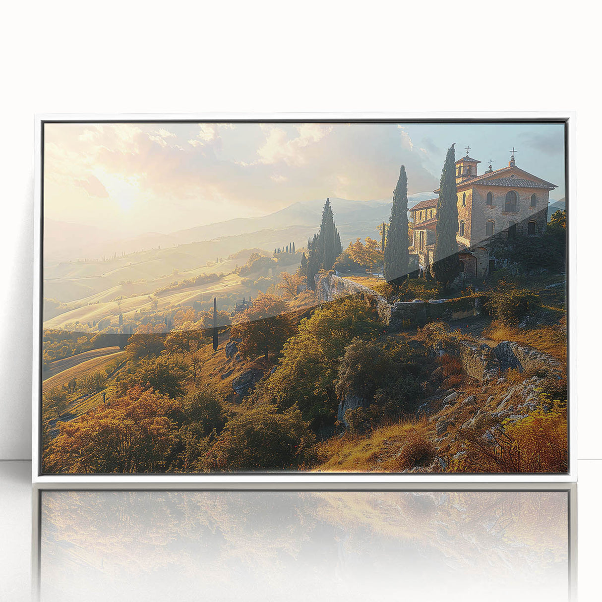 Mid-century modernist art depicting Tuscany landscape in muted earth tones on a white framed acrylic.