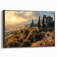 Black and white framed canvas of a Tuscany landscape, ideal for bedroom wall art in a vintage poster style.