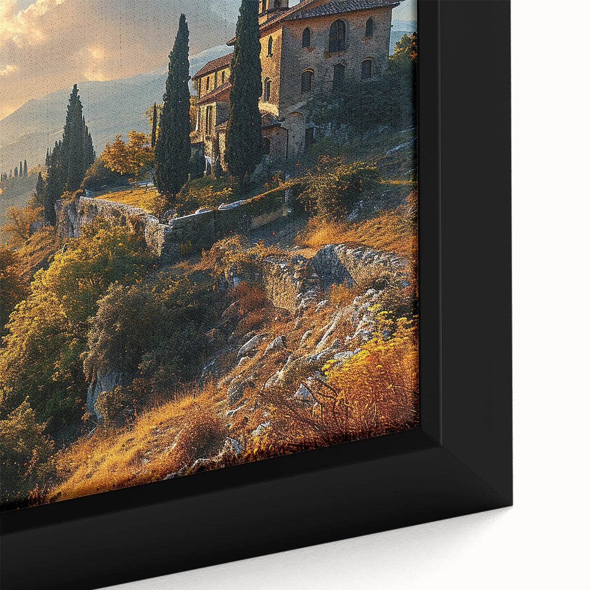 Framed canvas featuring a textured, colorful Tuscan landscape in vibrant greens and blues, ideal for living room decor.
