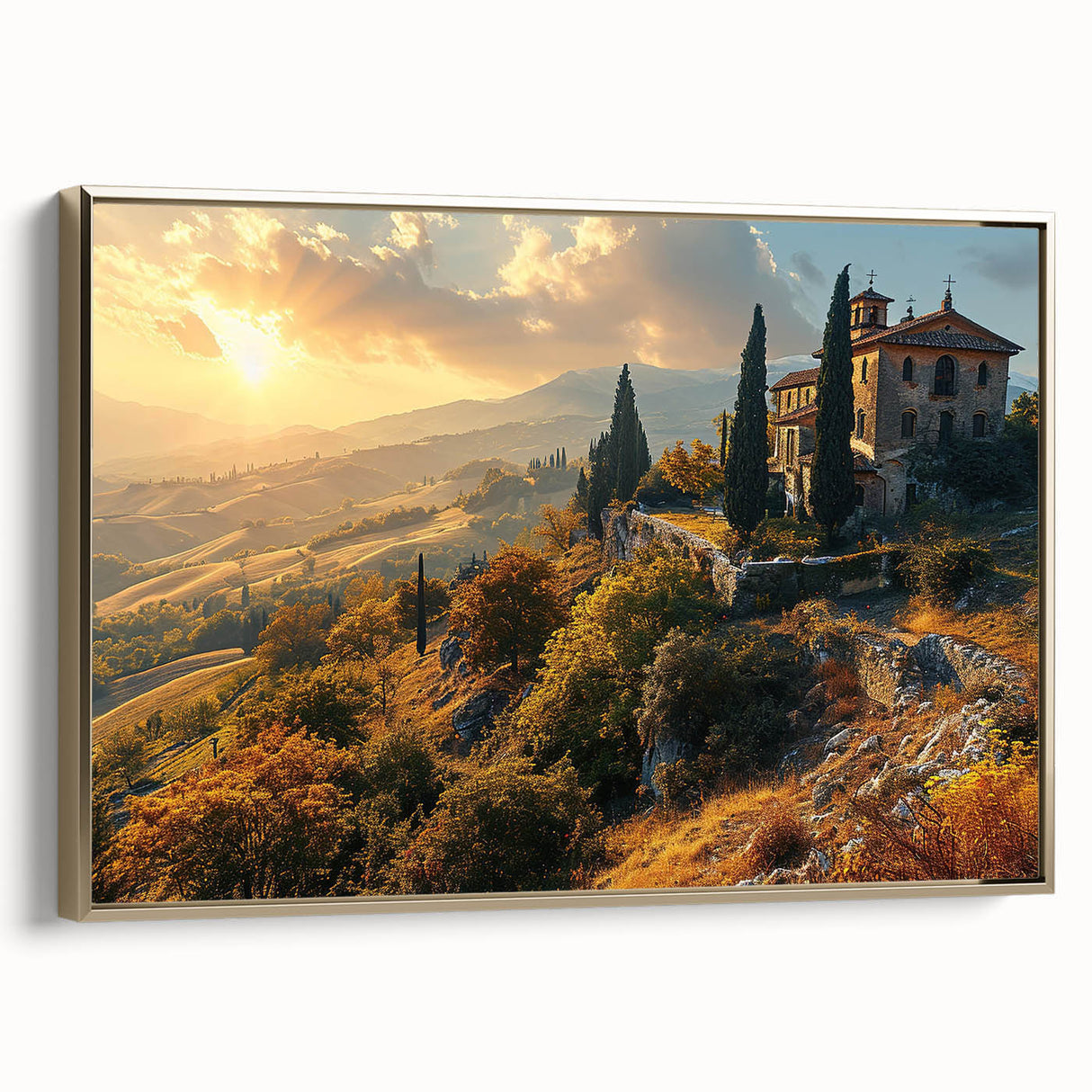 Framed canvas depicting a Tuscan landscape in muted earth tones, ideal for bedroom wall art.