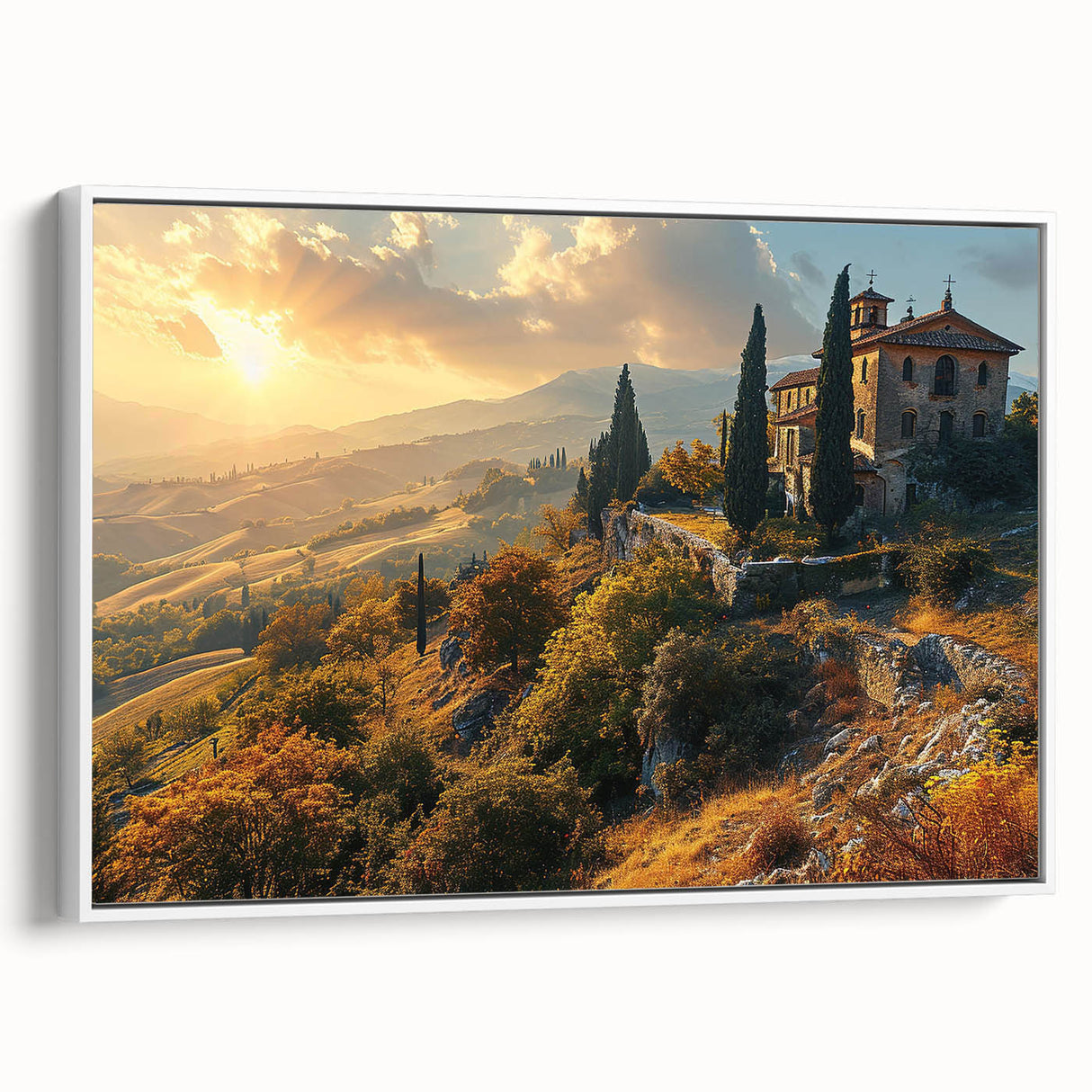 Framed canvas vintage poster art of a Tuscan landscape in vibrant colors, ideal for living room decor.