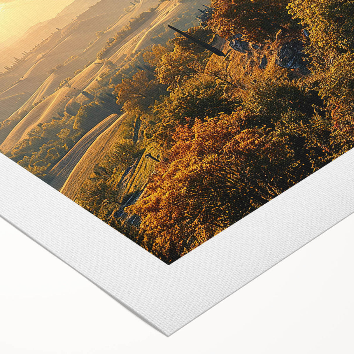 Art deco poster of Tuscany scenery in muted earth tones on rolled canvas, suitable for dining room decor.