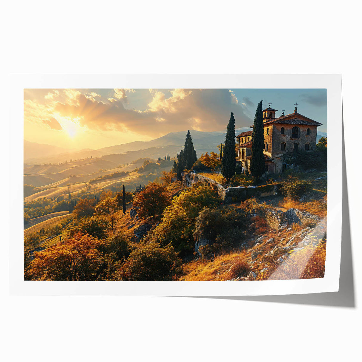 Rolled print of a Tuscan landscape with vibrant green hues and floral elements, ideal for art wall dining room.