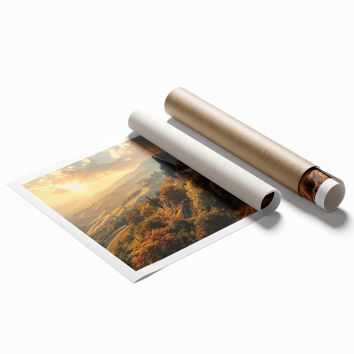 Extra large rolled print featuring a serene Tuscan landscape with soft pastel colors, ideal for classy bathroom wall art.