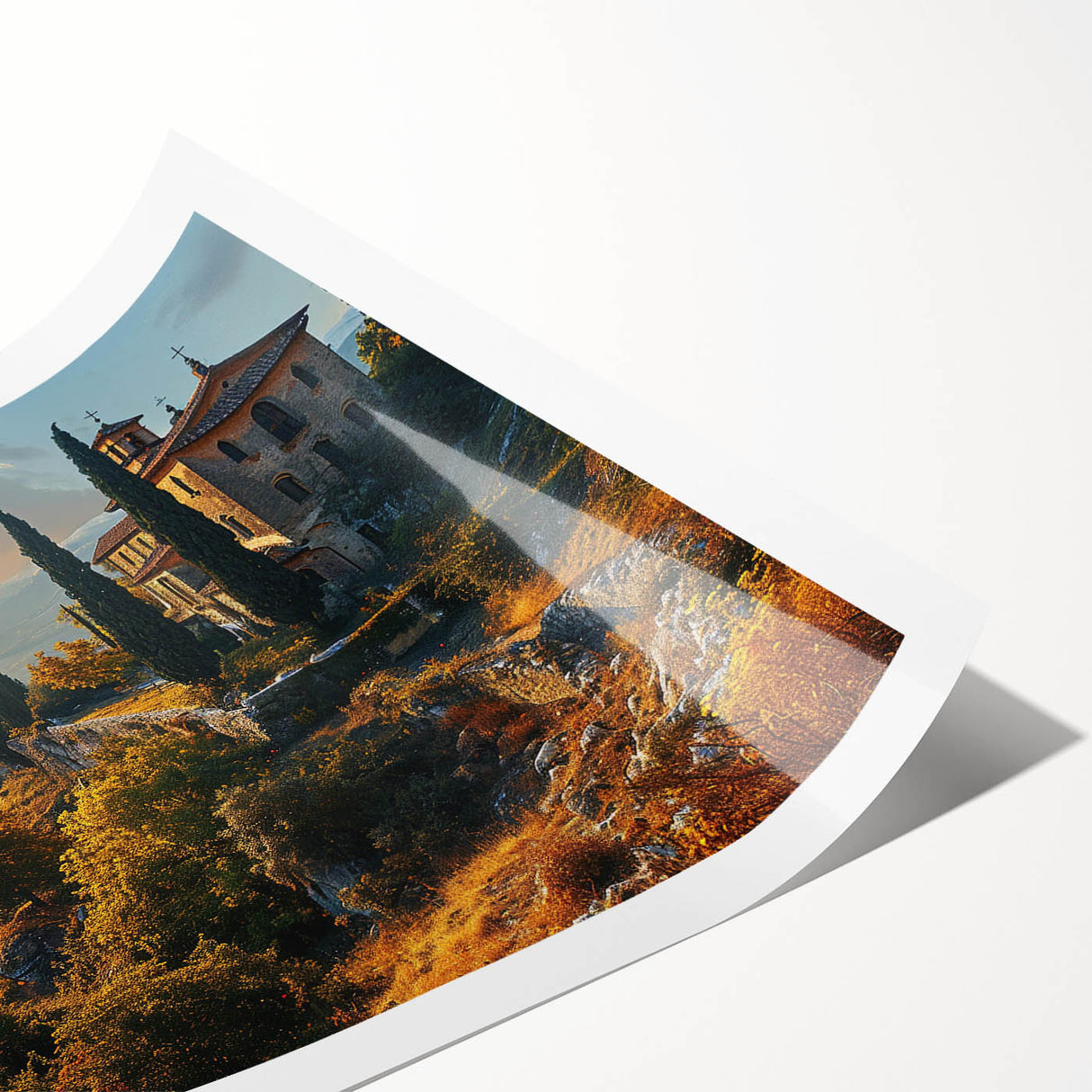 Extra large rolled print depicting a Tuscan landscape with detailed line art flowers in earthy tones.