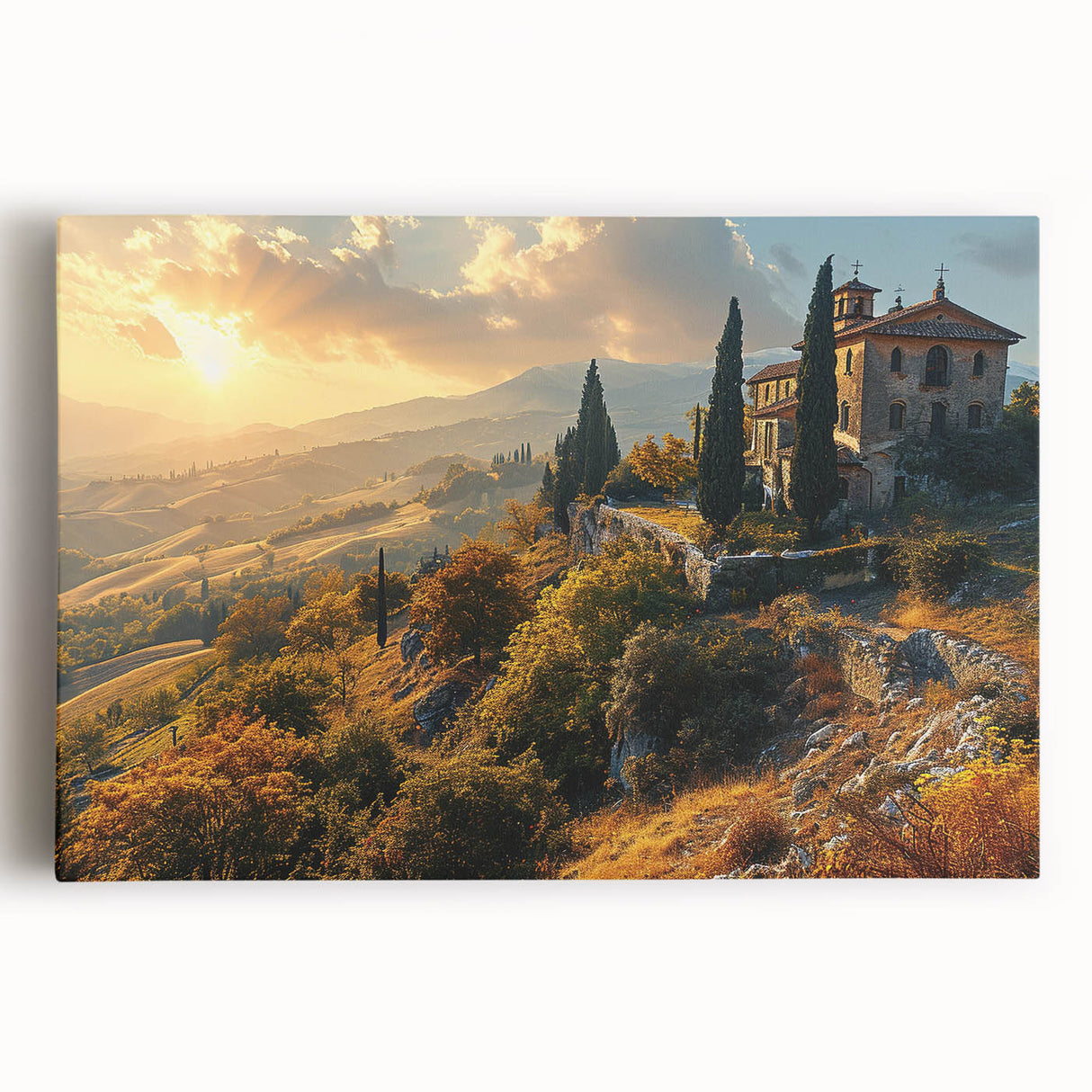 Black and white stretched canvas of Tuscany landscape, ideal for kitchen wall art.