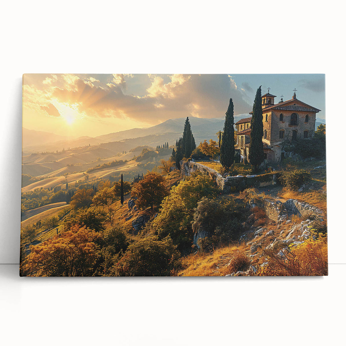Black and white print of Tuscany landscape on stretched canvas, ideal for kitchen wall art.
