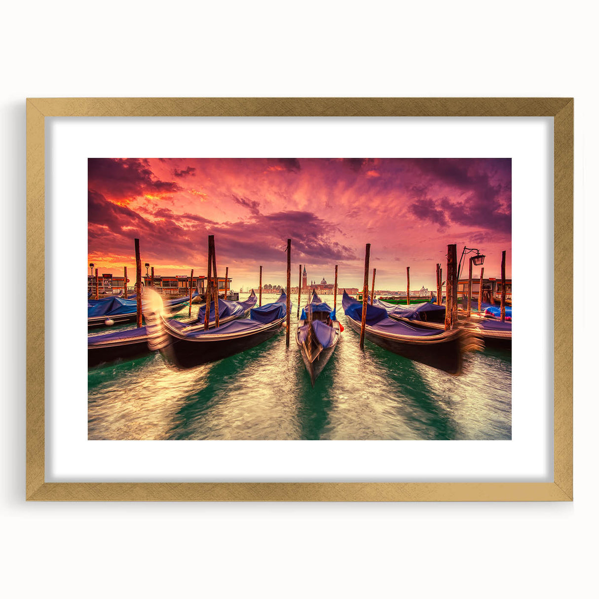 Abstract art print of Venice with muted gold and blue tones on a framed canvas, suitable for bedroom or dining room decor.