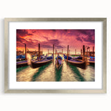 Extra large abstract art print of Venice scenery in muted earth tones on a textured canvas, framed in silver.