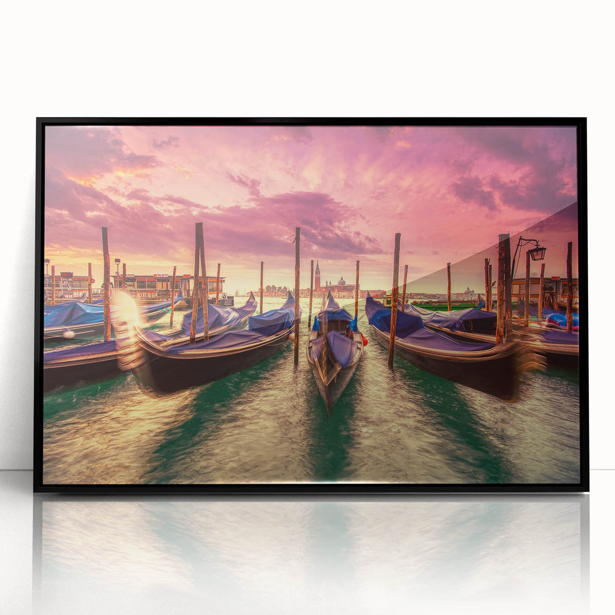 Large abstract wall art depicting a Venice scenery in muted gray and blue tones on framed acrylic.