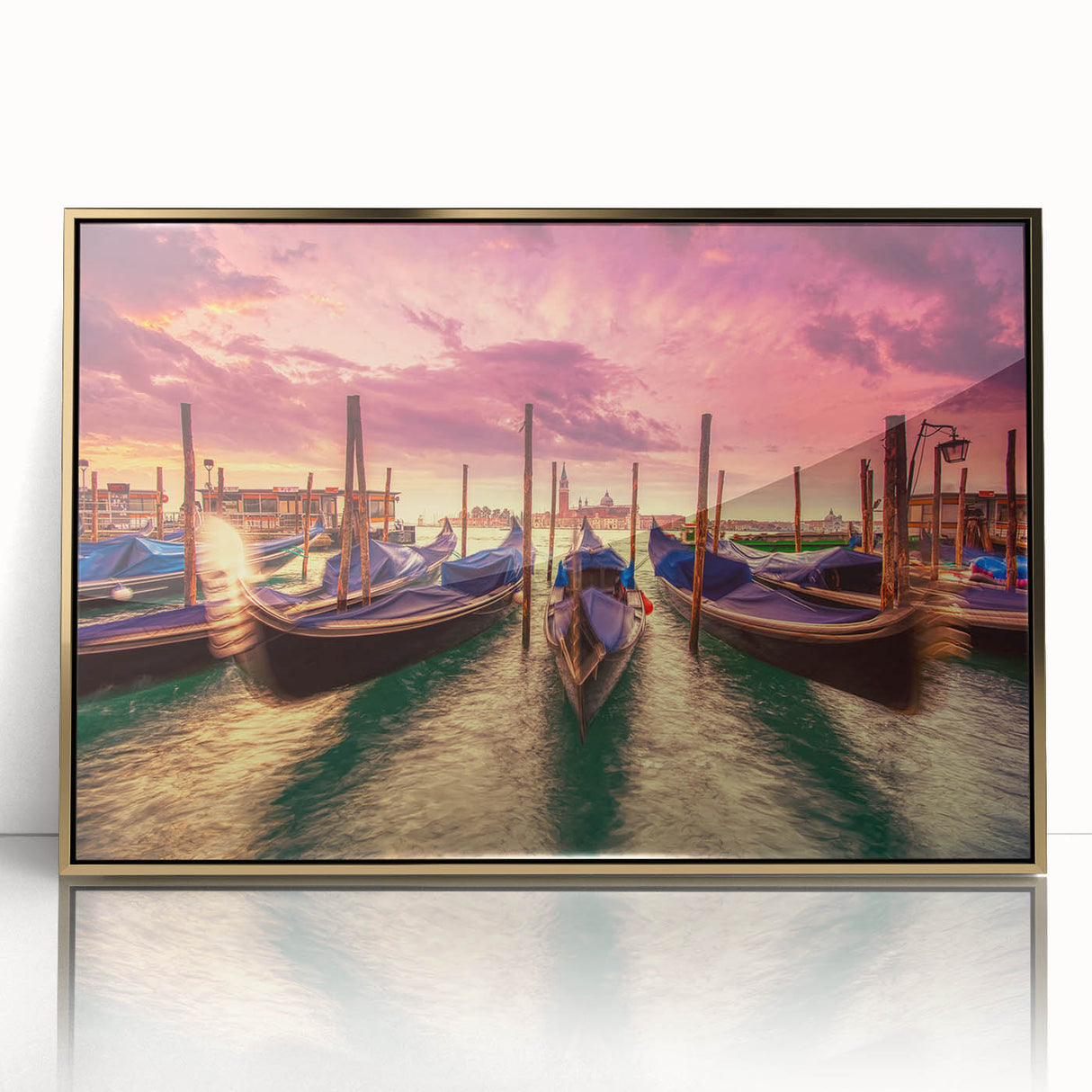 Framed acrylic print of a Venice scenery in muted gold and blue tones, suitable for modern art wall decor.