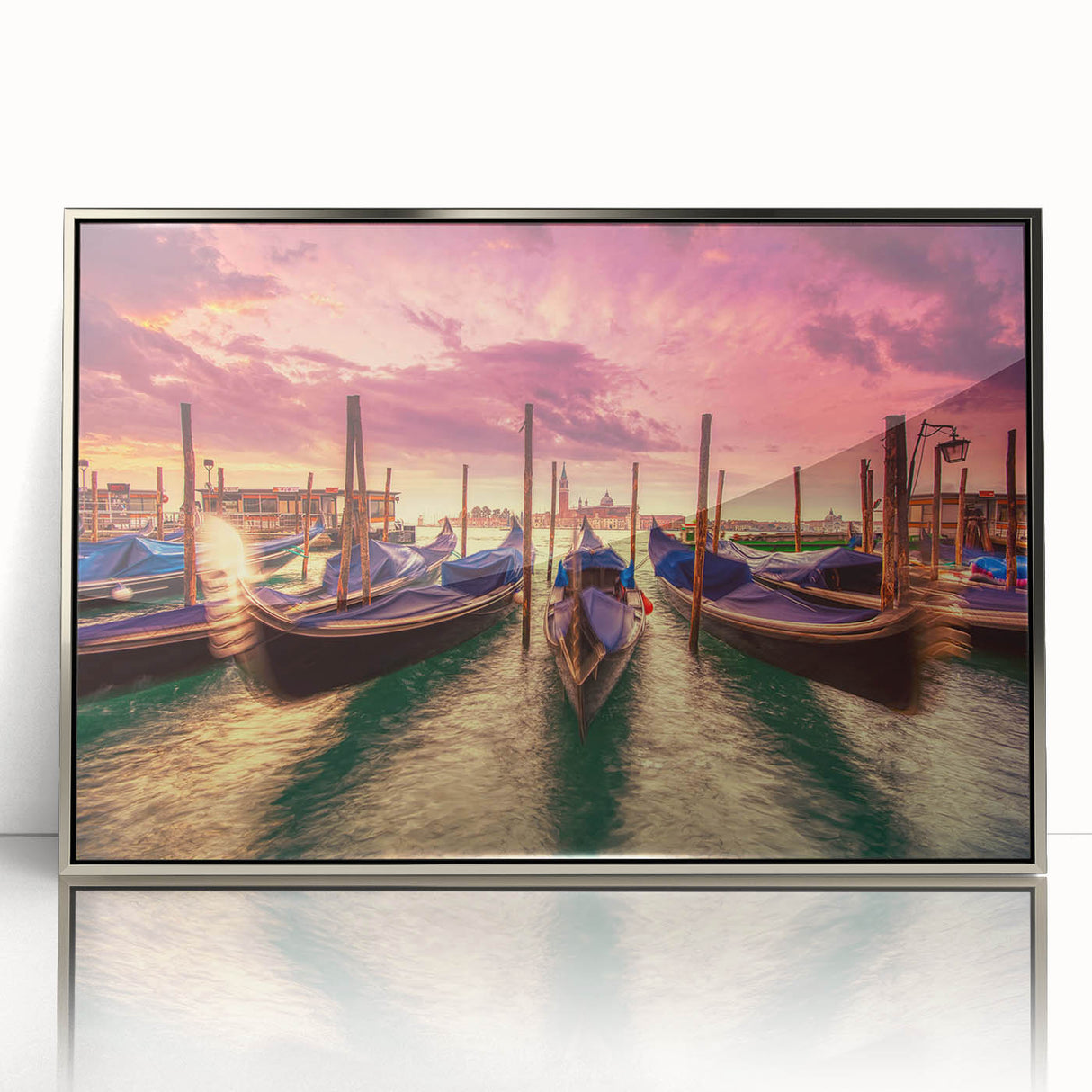 Acrylic print of Venice scenery with silver frame, featuring muted earth tones, ideal for modern art wall decor.
