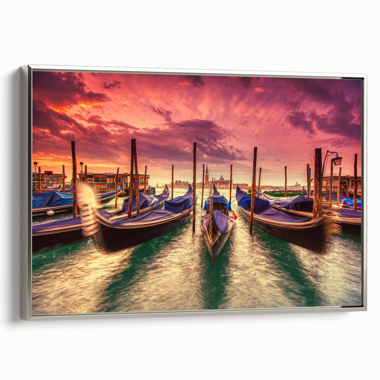 Framed canvas depicting a vintage-style Venice landscape in colorful art tones, ideal for living room decor.
