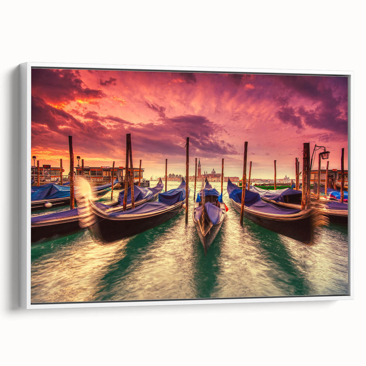 Vintage poster art of Venice scenery in vibrant colors on a framed canvas, ideal for living room decor.