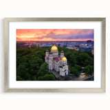 Extra large abstract art print of a European landscape in textured silver frame, ideal for living room decor.