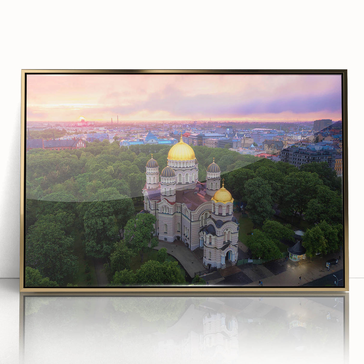 Art deco poster of a European scenery in Latvia, featuring muted gold and blue tones on a framed acrylic.