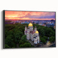 Black and white landscape art painting of a European city, framed canvas, ideal for bedroom wall decor.