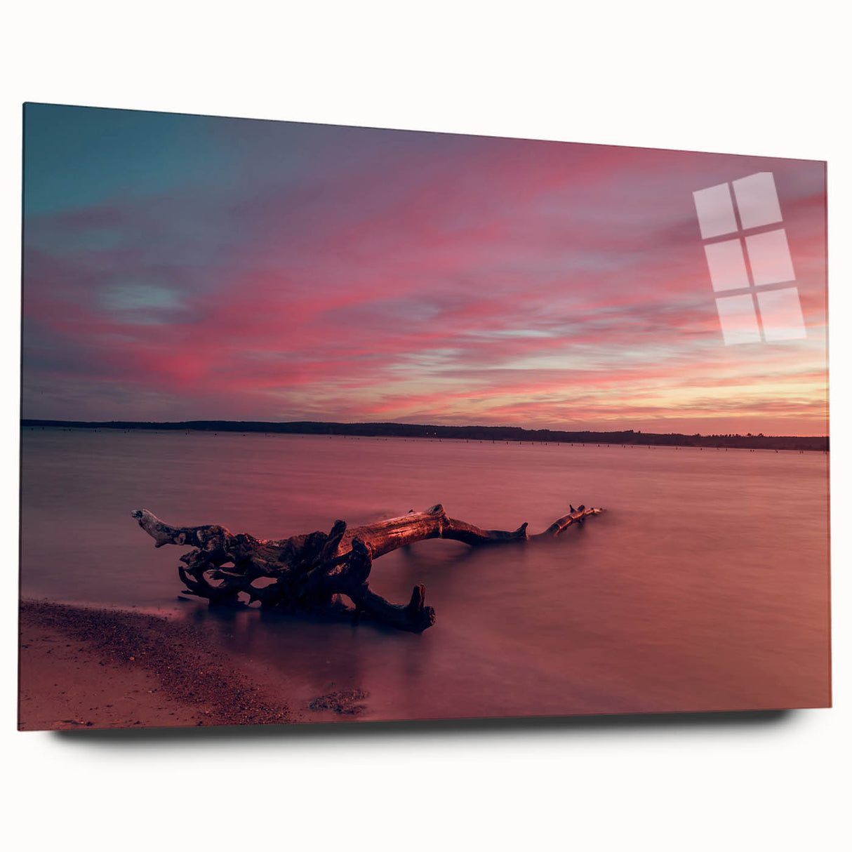 Large abstract wall art of a European Lithuanian scenery in muted blue and green tones on acrylic glass.