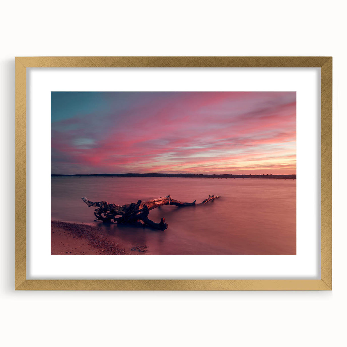 Abstract art print featuring muted earth tones and geometric shapes, framed in gold, ideal for dining room decor.