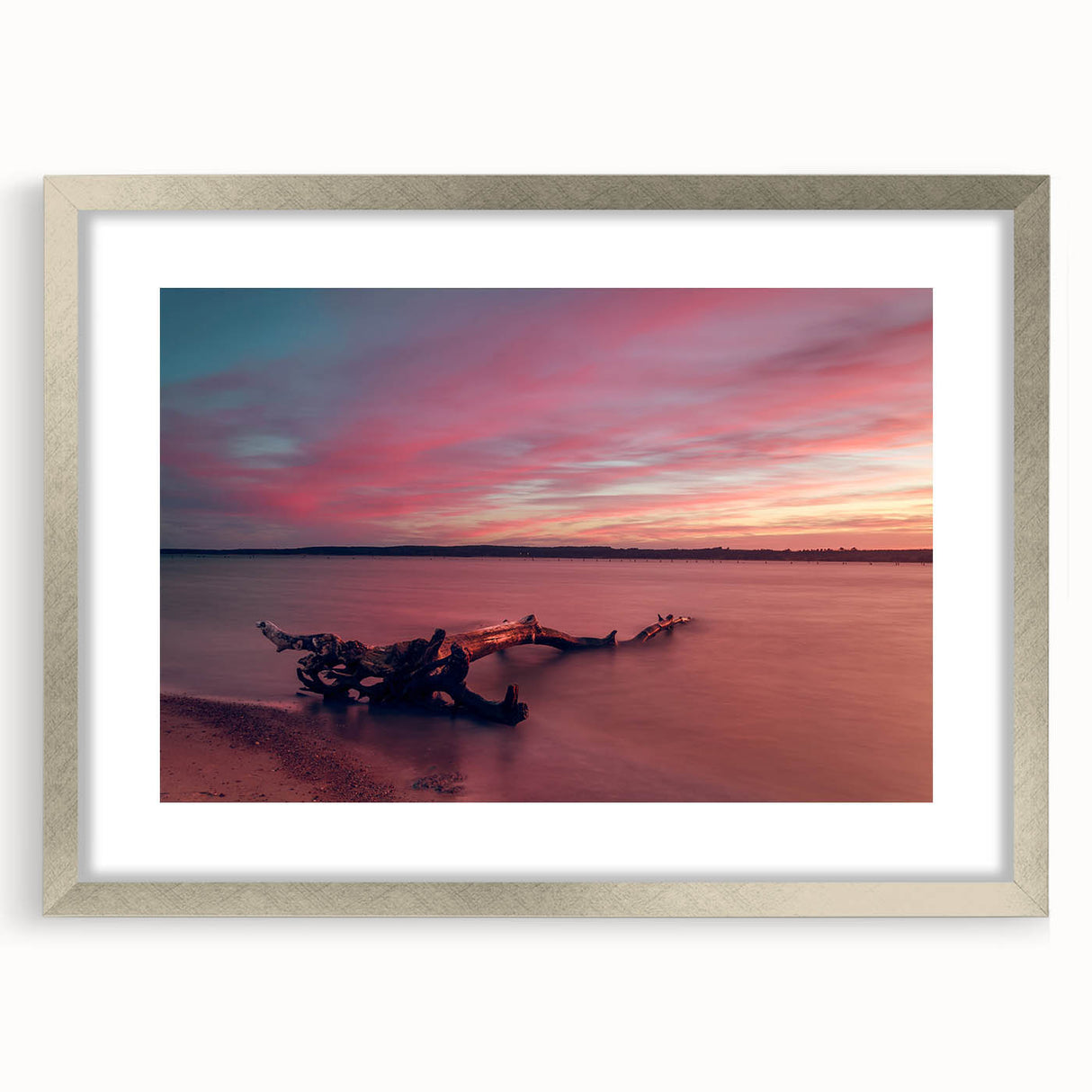 Extra large abstract art print depicting a textured European scenery in muted earth tones, framed in silver.