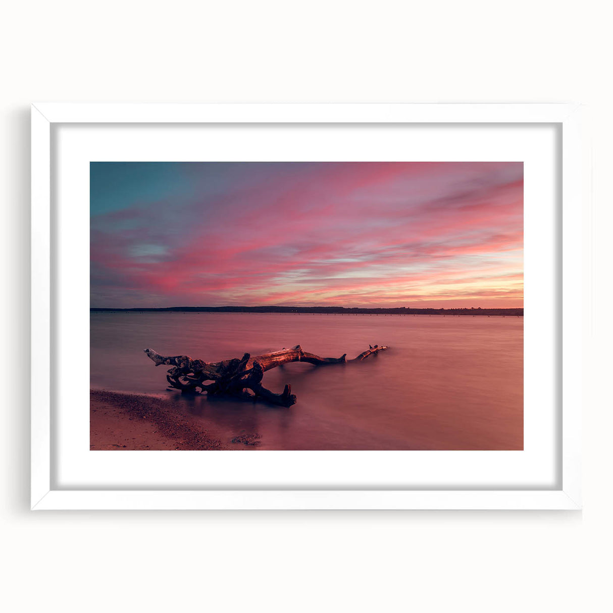 Textured art print depicting abstract European scenery in muted blue and green tones on a framed white mat.