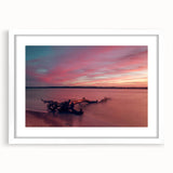 Textured art print depicting abstract European scenery in muted blue and green tones on a framed white mat.