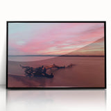 Large abstract wall art featuring a mid-century modernist European scenery in muted earth tones on a framed acrylic panel.