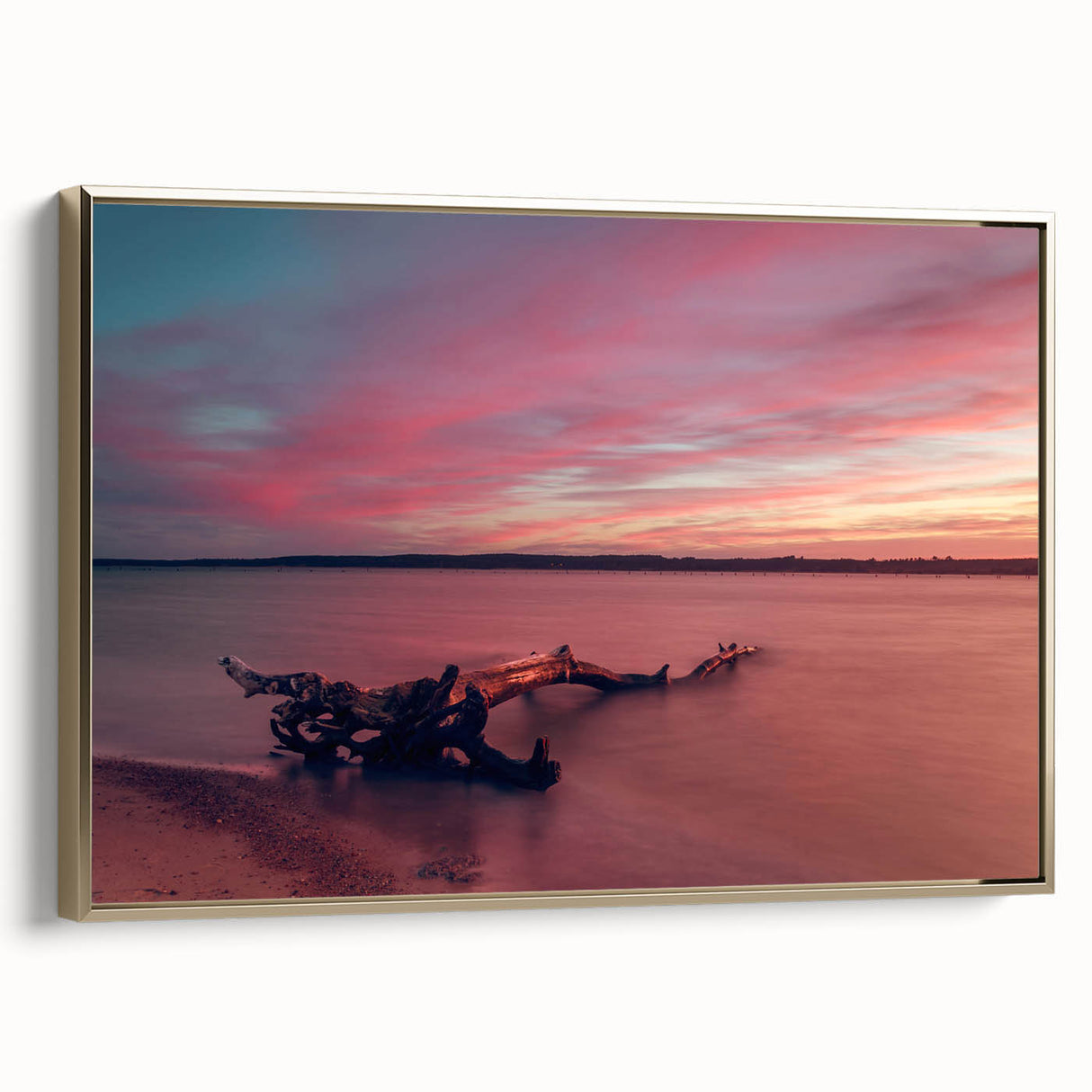 Framed canvas featuring a vintage-style landscape painting of a Lithuanian scenery in muted gold and black tones.