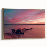 Framed canvas featuring a vintage-style landscape painting of a Lithuanian scenery in muted gold and black tones.