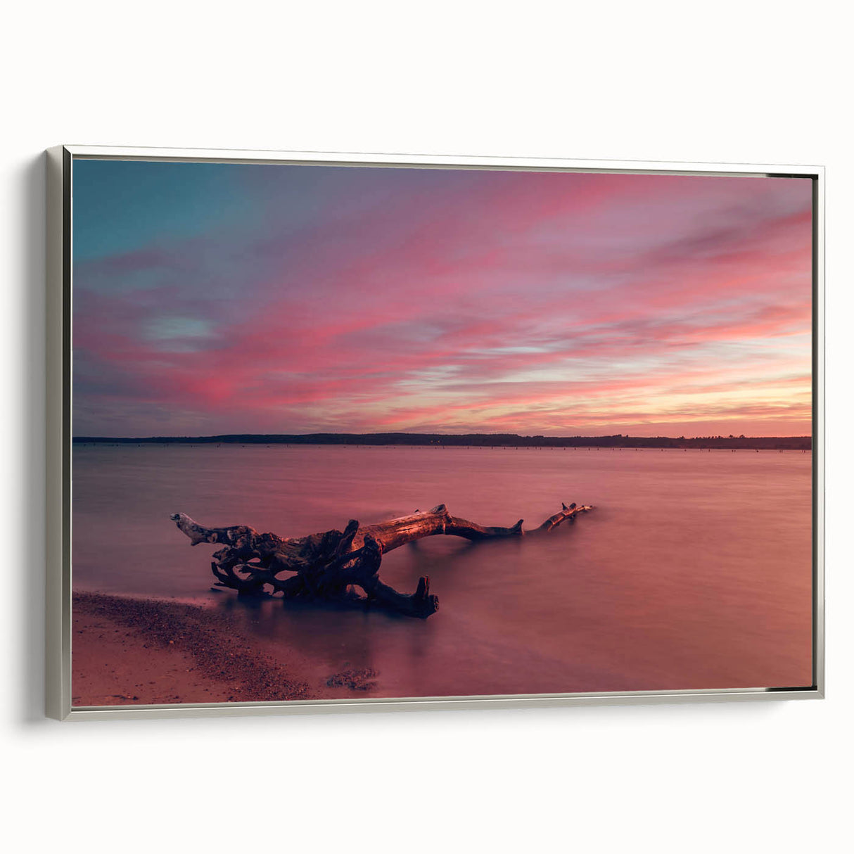 Framed canvas of a vintage-style landscape painting depicting a Lithuanian scenery in vibrant colors.