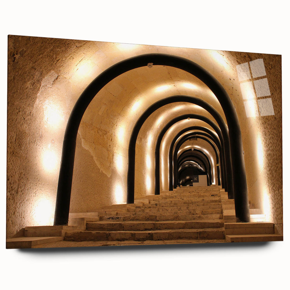 Large abstract wall art of a European Malta scenery in muted blue and green shades on acrylic glass.