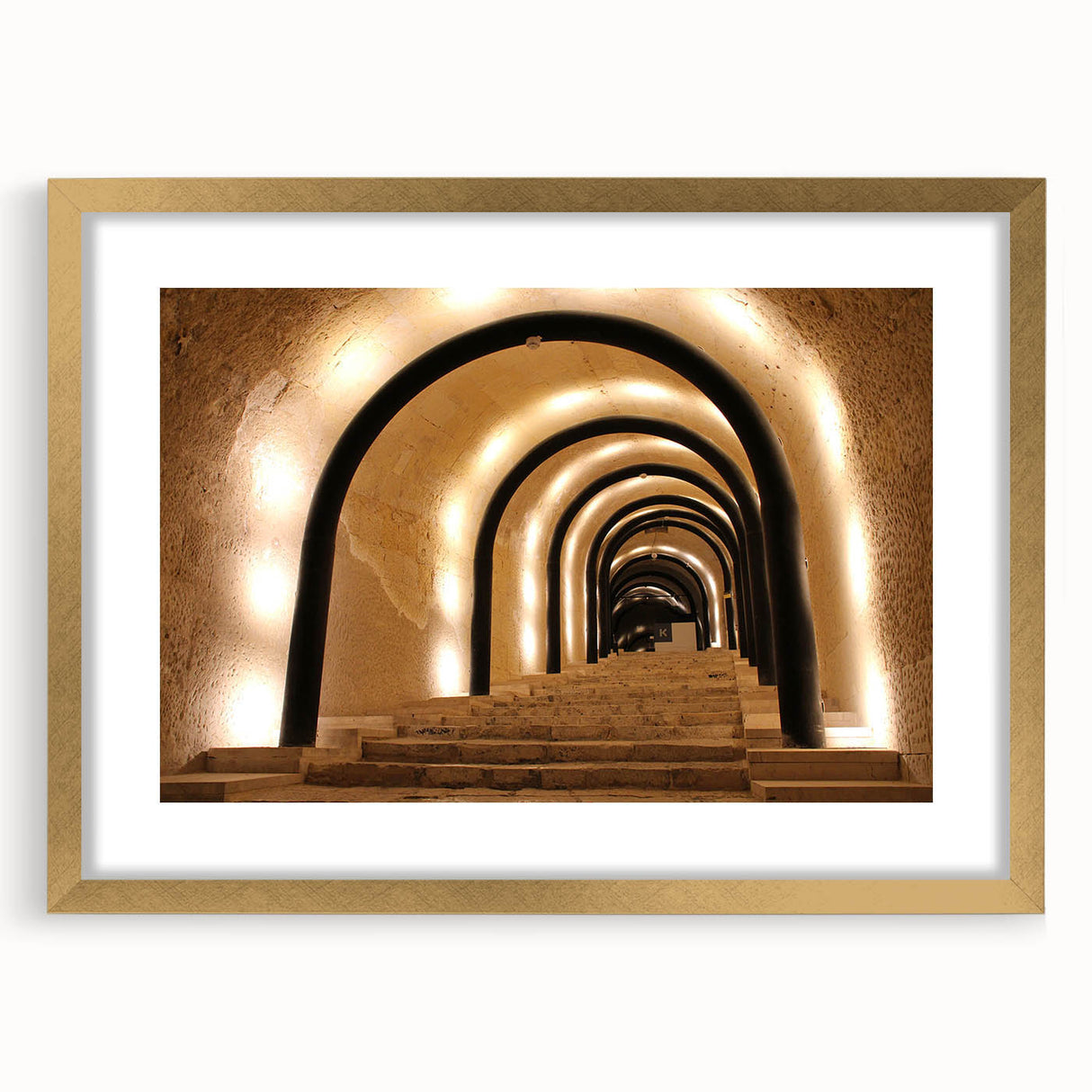 Abstract art print of a European Malta scenery in muted blue and gold tones on a framed canvas, ideal for dining room decor.