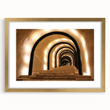 Abstract art print of a European Malta scenery in muted blue and gold tones on a framed canvas, ideal for dining room decor.