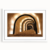 Textured abstract art print of a European Malta scenery in muted earth tones, framed with a white mat, ideal for bedroom art.