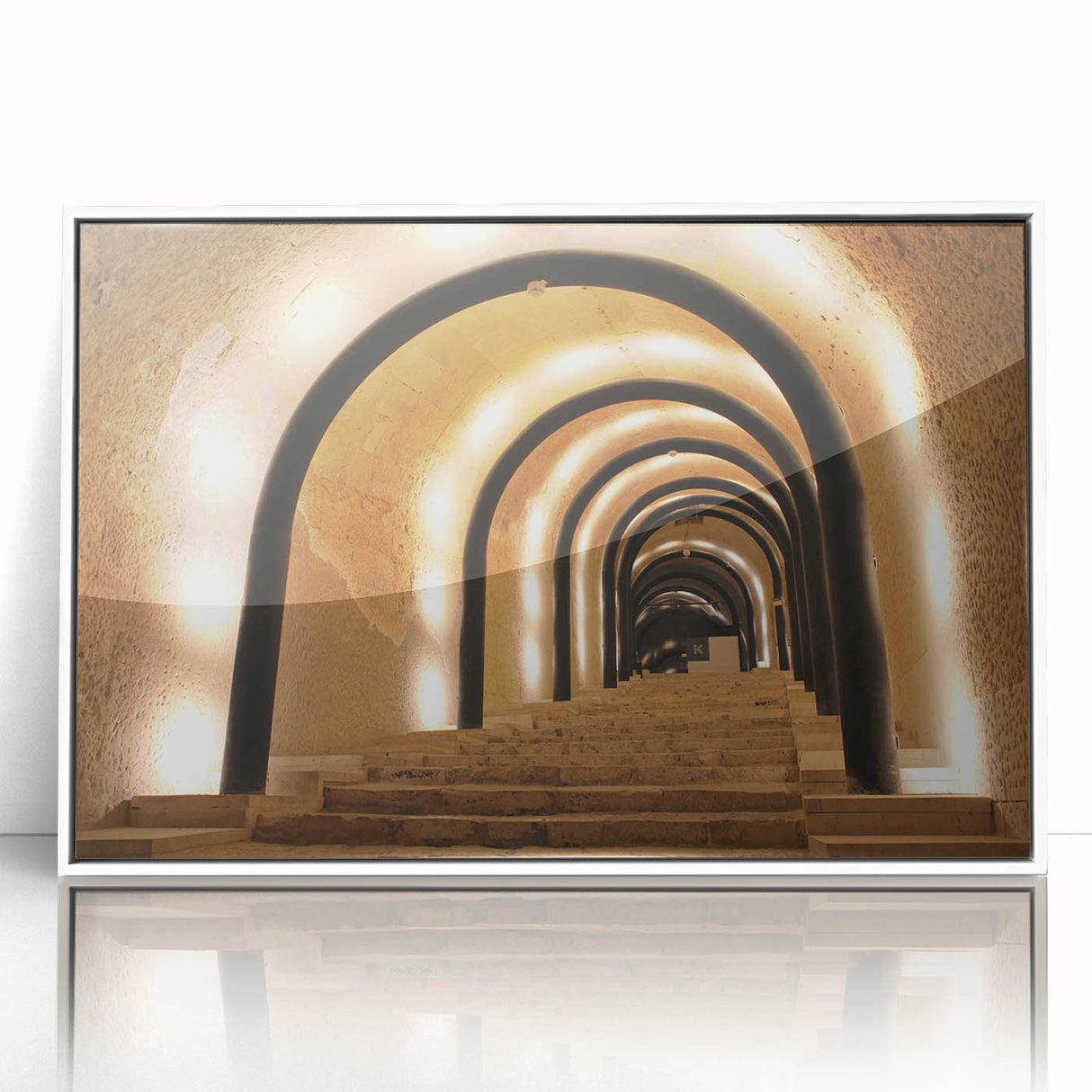 Mid-century modernist art depicting Malta scenery in muted colors on a white framed acrylic, suitable for nursery wall art.
